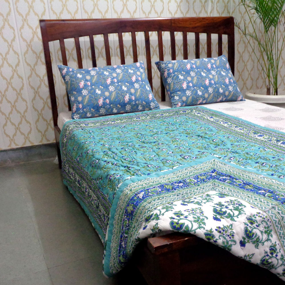 Hand Block Printed Cotton Twin Size Quilt Venus Crystal Blue 201381