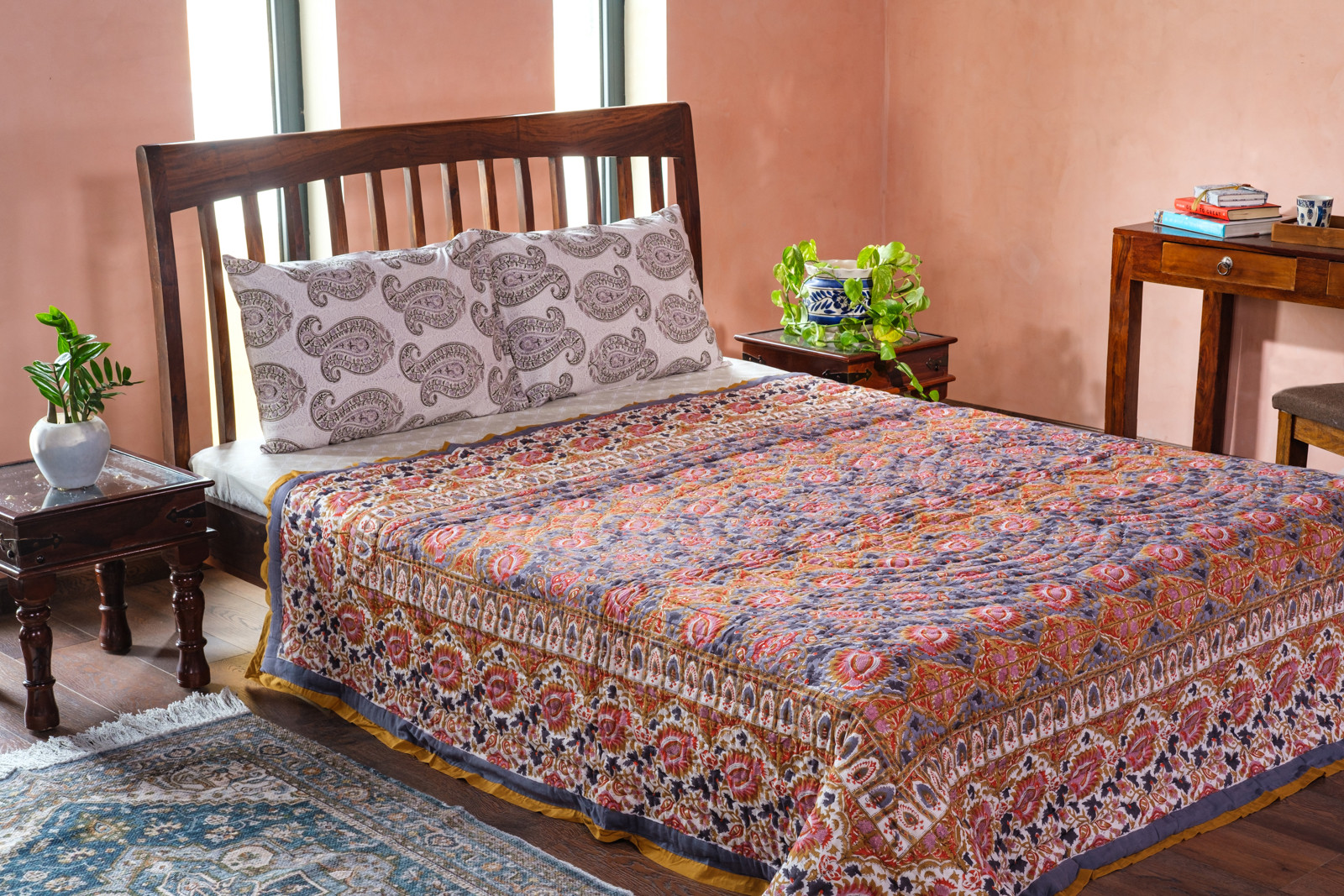 Hand Block Printed Soft Cotton Queen Quilt Bird Of Paradise Gud 204347