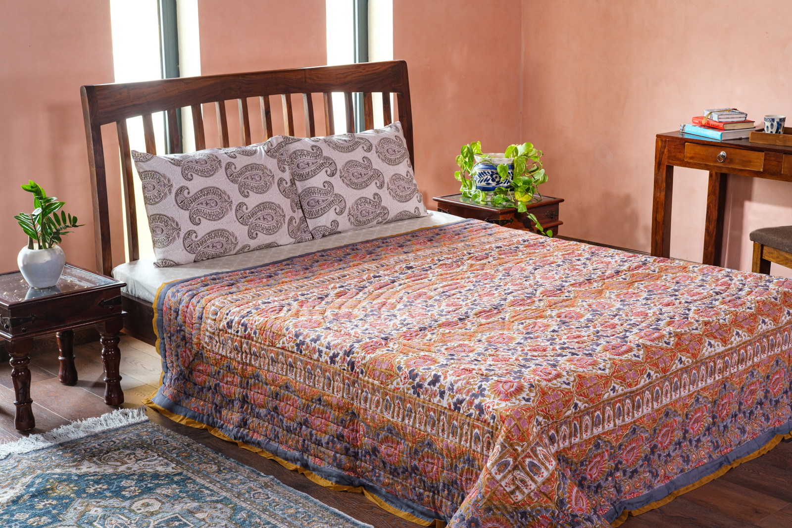 Hand Block Printed Soft Cotton Queen Quilt Bird Of Paradise Gud 204347