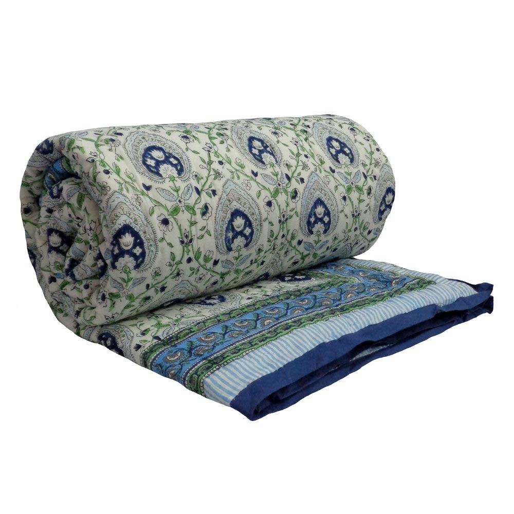 Hand Block Printed Twin Size Quilt Pan Leaf Blue 309622