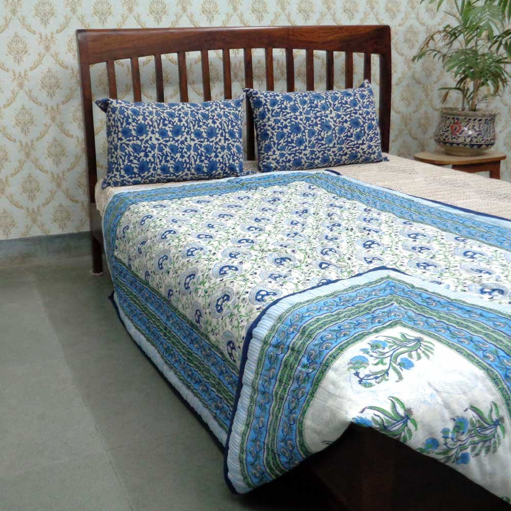 Hand Block Printed Twin Size Quilt Pan Leaf Blue 309622