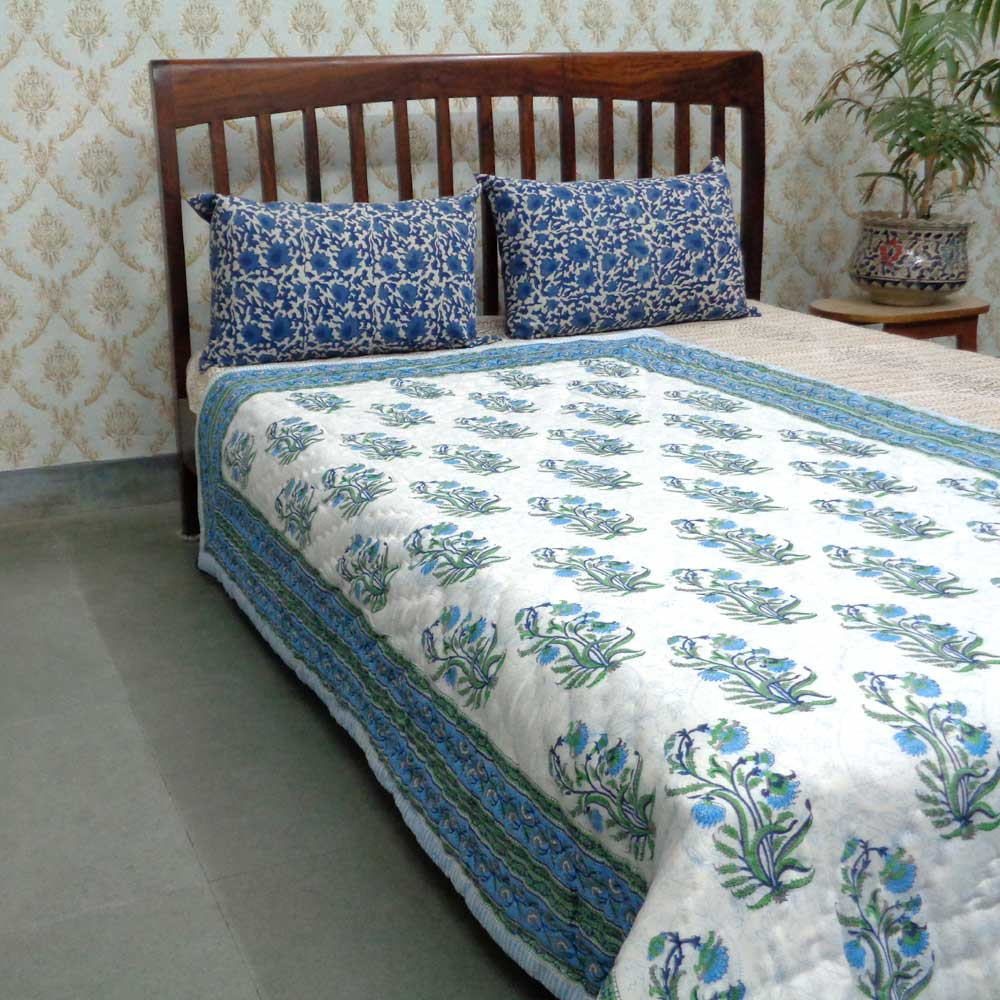 Hand Block Printed Twin Size Quilt Pan Leaf Blue 309622