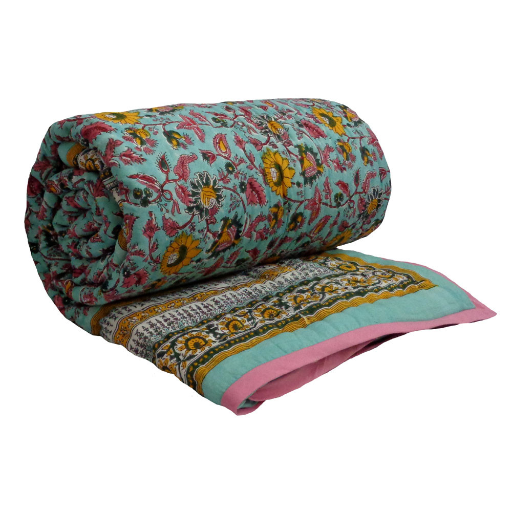Image of Hand Block Printed Twin Size Quilt | Phuljhari Jade 21408