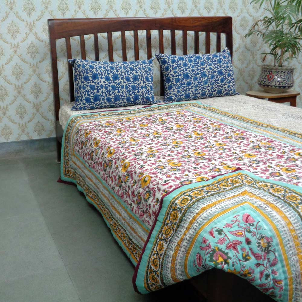 Hand Block Printed Twin Size Quilt  Phuljhari Jade 21408