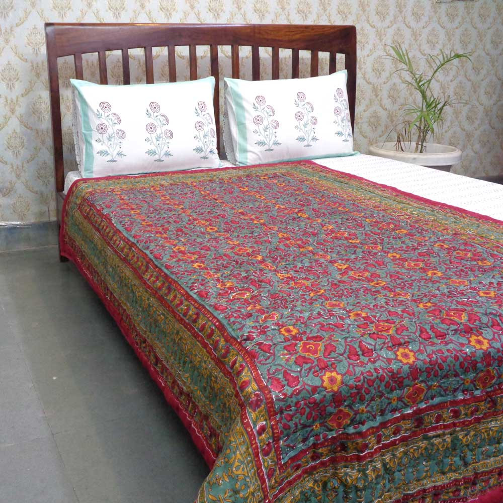 Hand Block Printed Twin Size Quilt Phulwari 208573