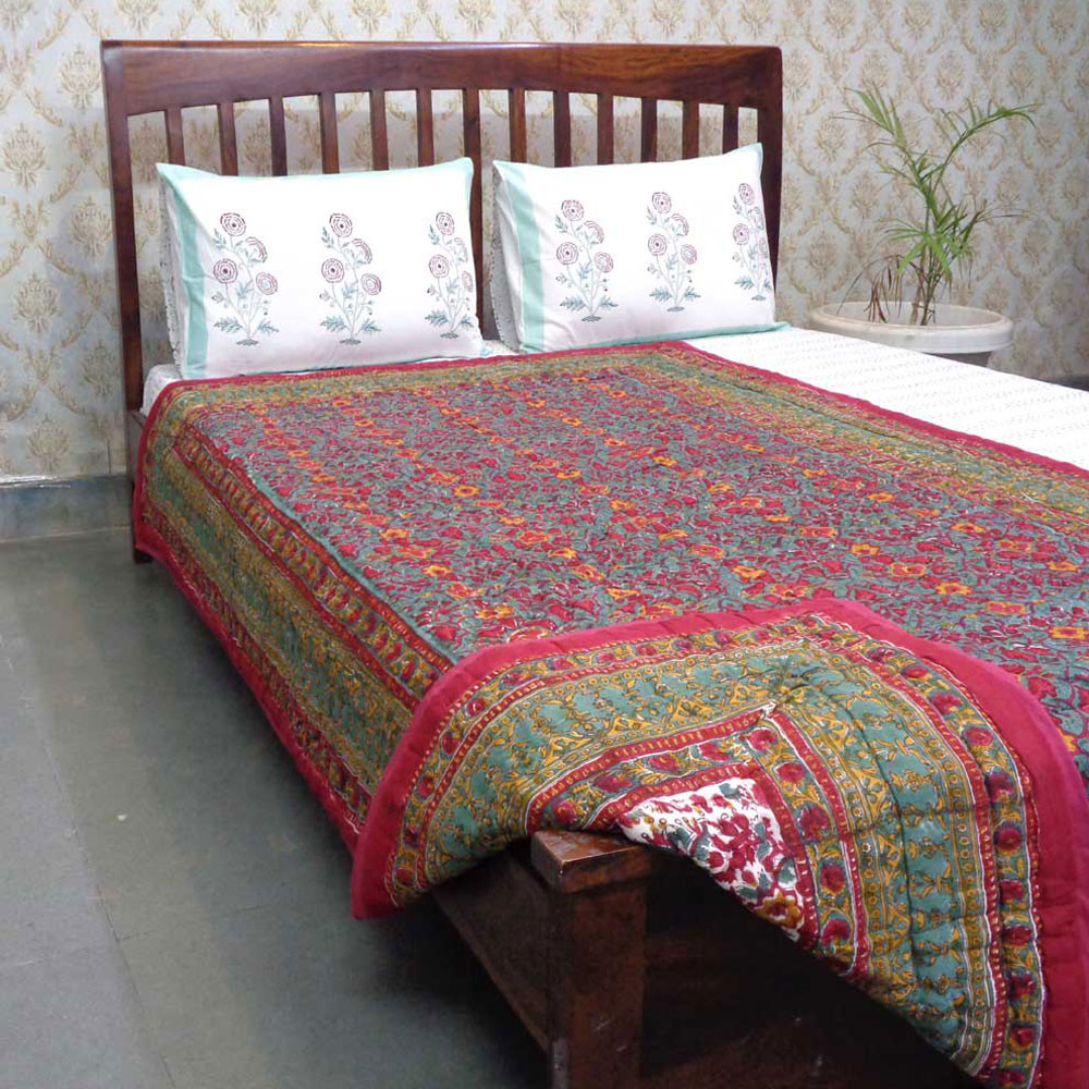 Hand Block Printed Twin Size Quilt Phulwari 208573