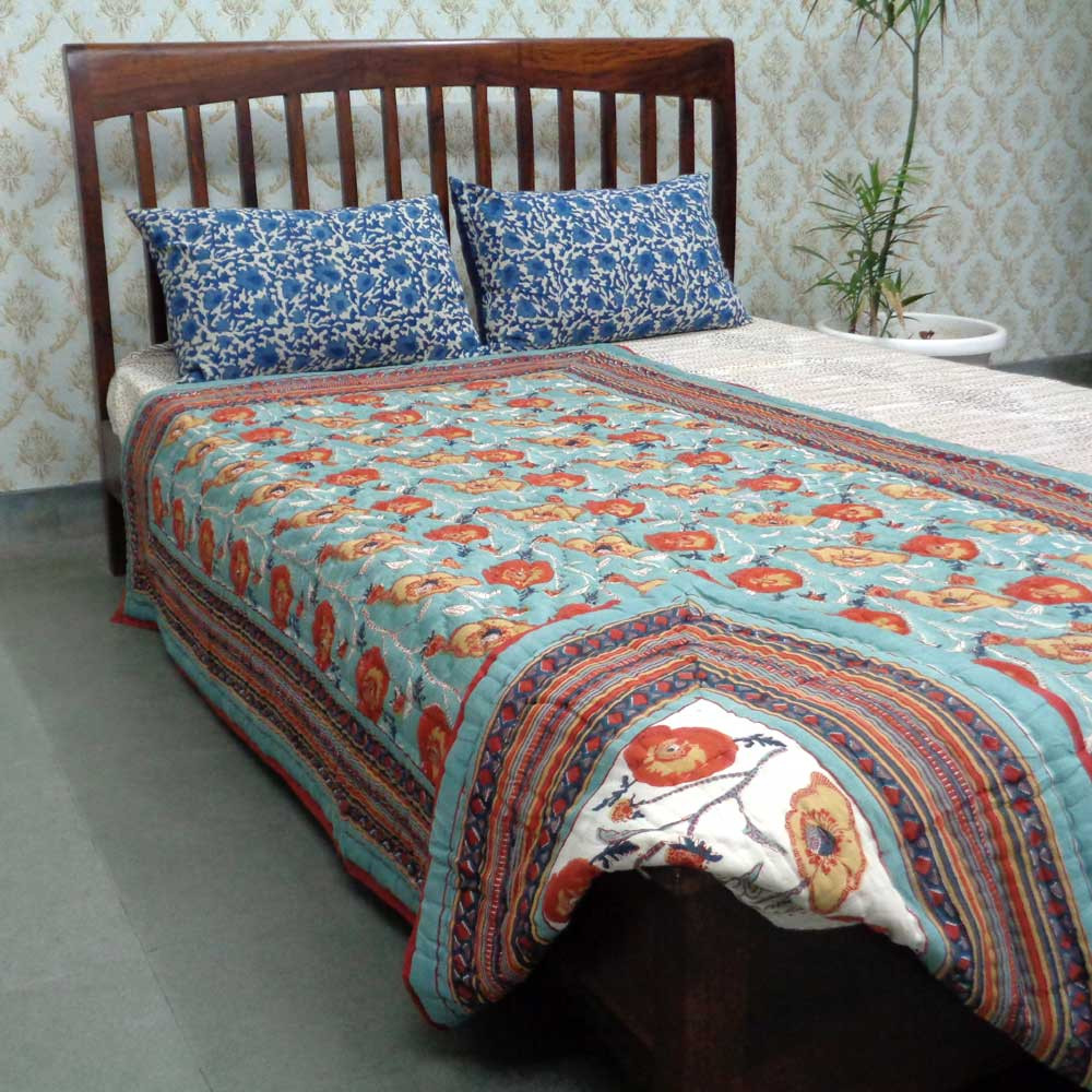Hand Block Printed Twin Size Quilt Teal Flower 108549