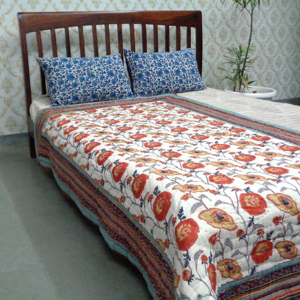 Hand Block Printed Twin Size Quilt Teal Flower 108549