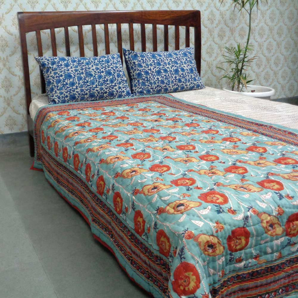 Hand Block Printed Twin Size Quilt Teal Flower 108549