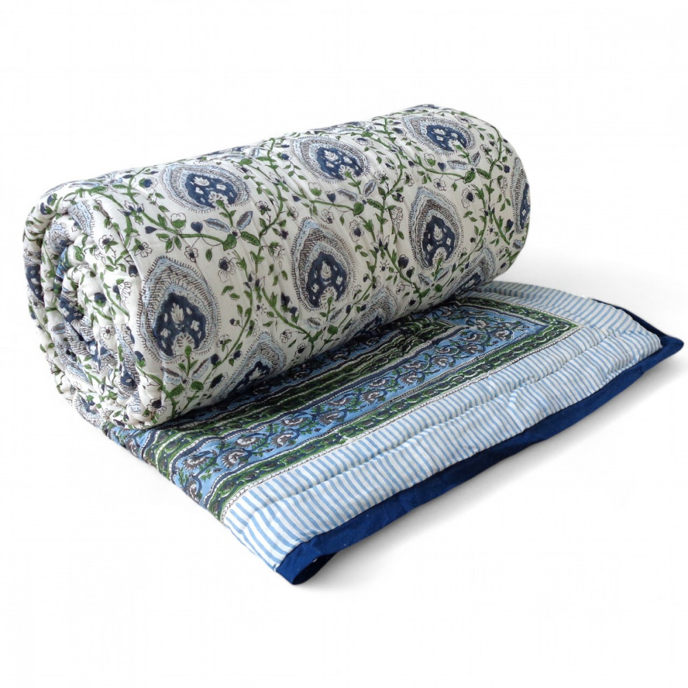 Image of Handmade Block Printed Cotton Queen Quilt | Pan Leaf Blue 309622