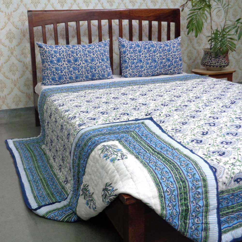 Handmade Block Printed Cotton Queen Quilt Pan Leaf Blue 309622