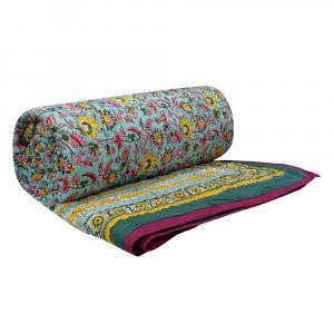Handmade Block Printed Cotton Queen Quilt Phuljhari Jade 8368