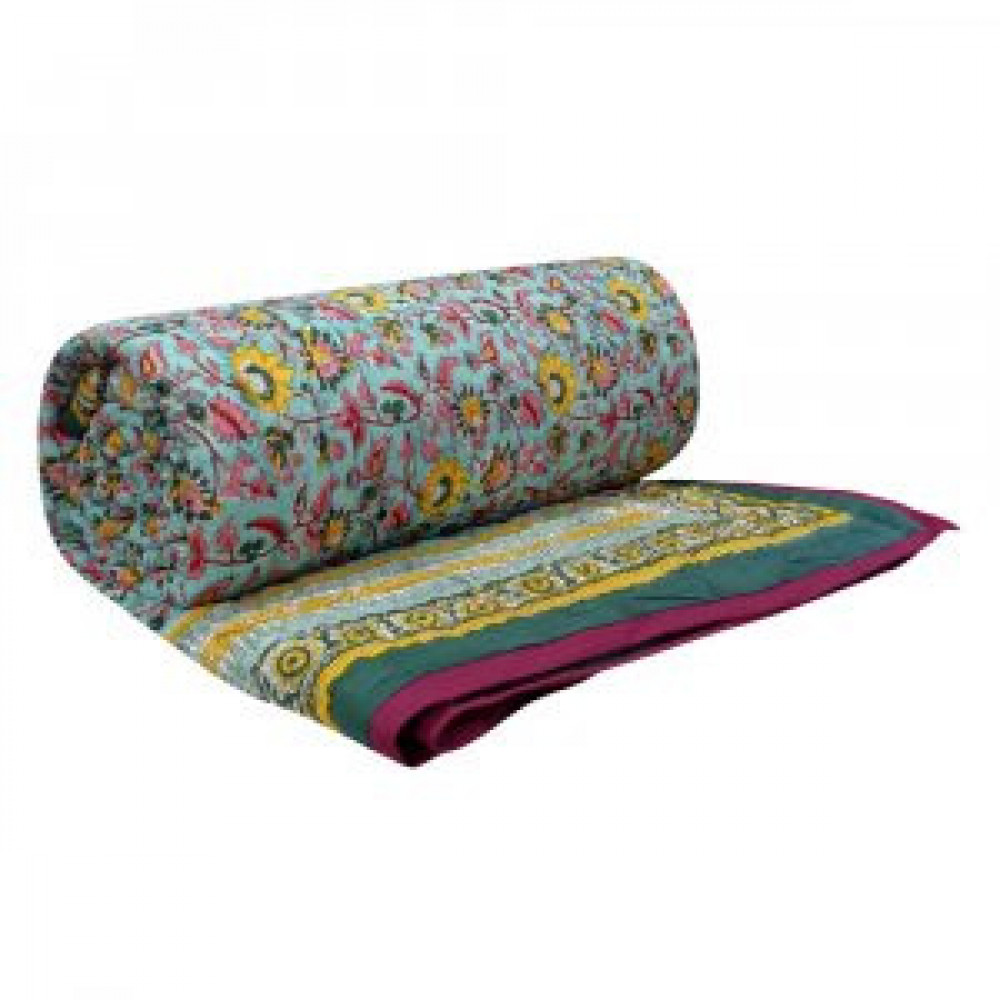 Image of Handmade Block Printed Cotton Queen Quilt | Phuljhari Jade 8368