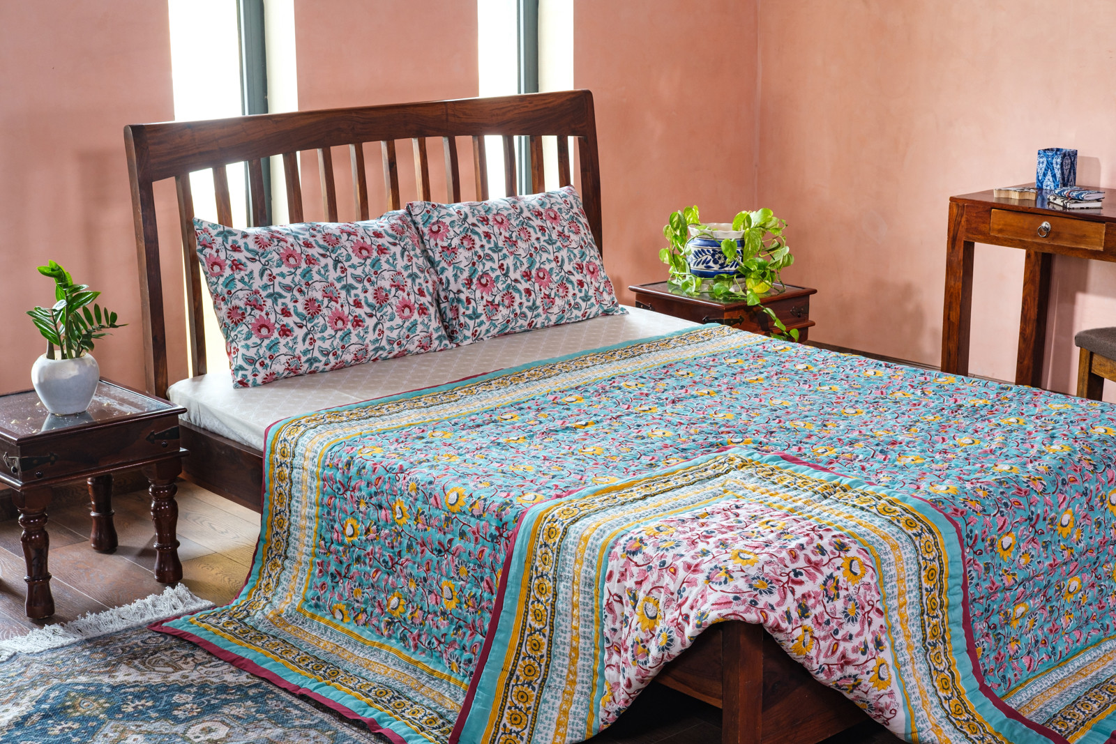 Handmade Block Printed Cotton Queen Quilt Phuljhari Jade 8368