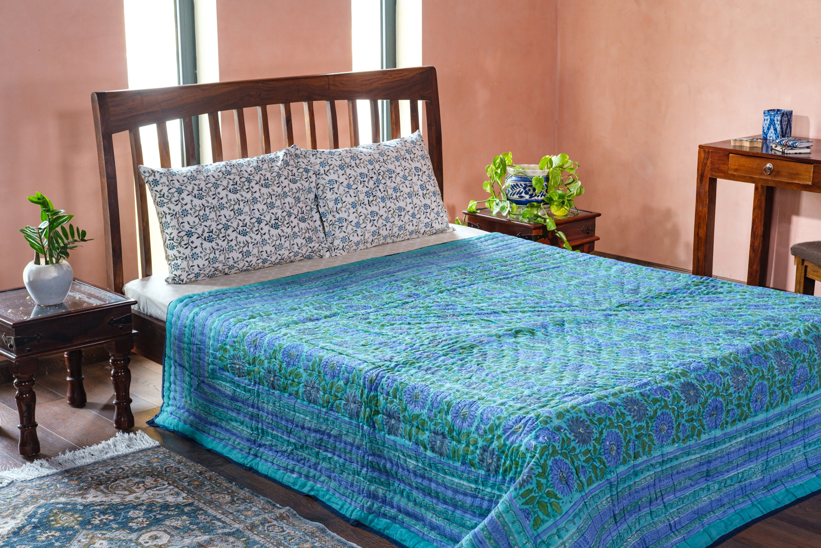 Handmade Block Printed Cotton Queen Quilt Surajmukhi Blue 1065