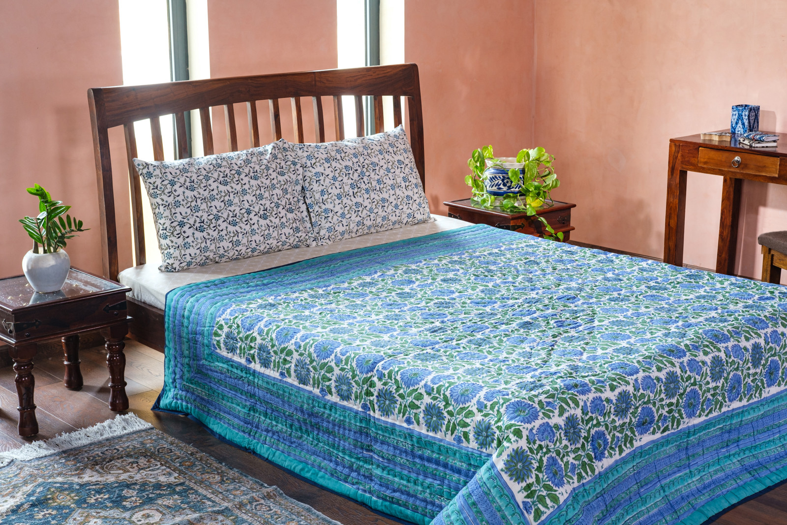 Handmade Block Printed Cotton Queen Quilt Surajmukhi Blue 1065