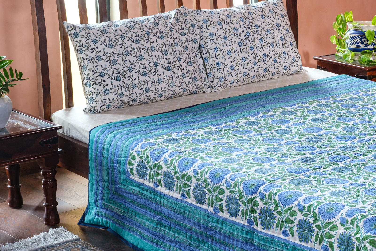 Handmade Block Printed Cotton Queen Quilt Surajmukhi Blue 1065