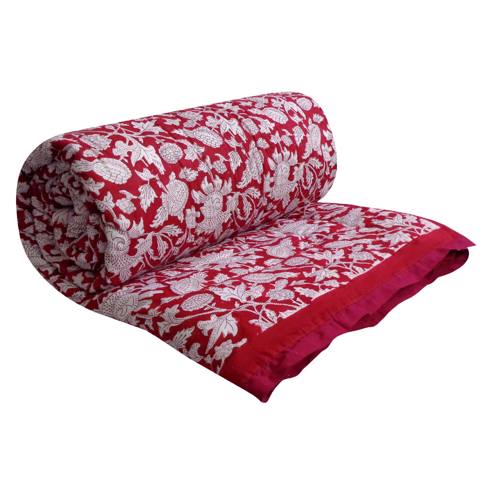 Handmade Block Printed Cotton Twin Size Quilt Amarnath Rococco Red 200196