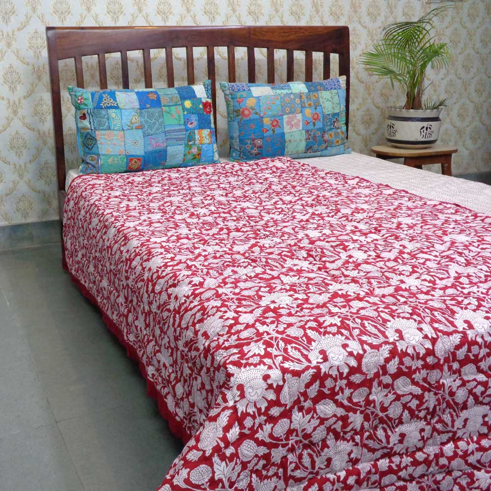 Handmade Block Printed Cotton Twin Size Quilt Amarnath Rococco Red 200196