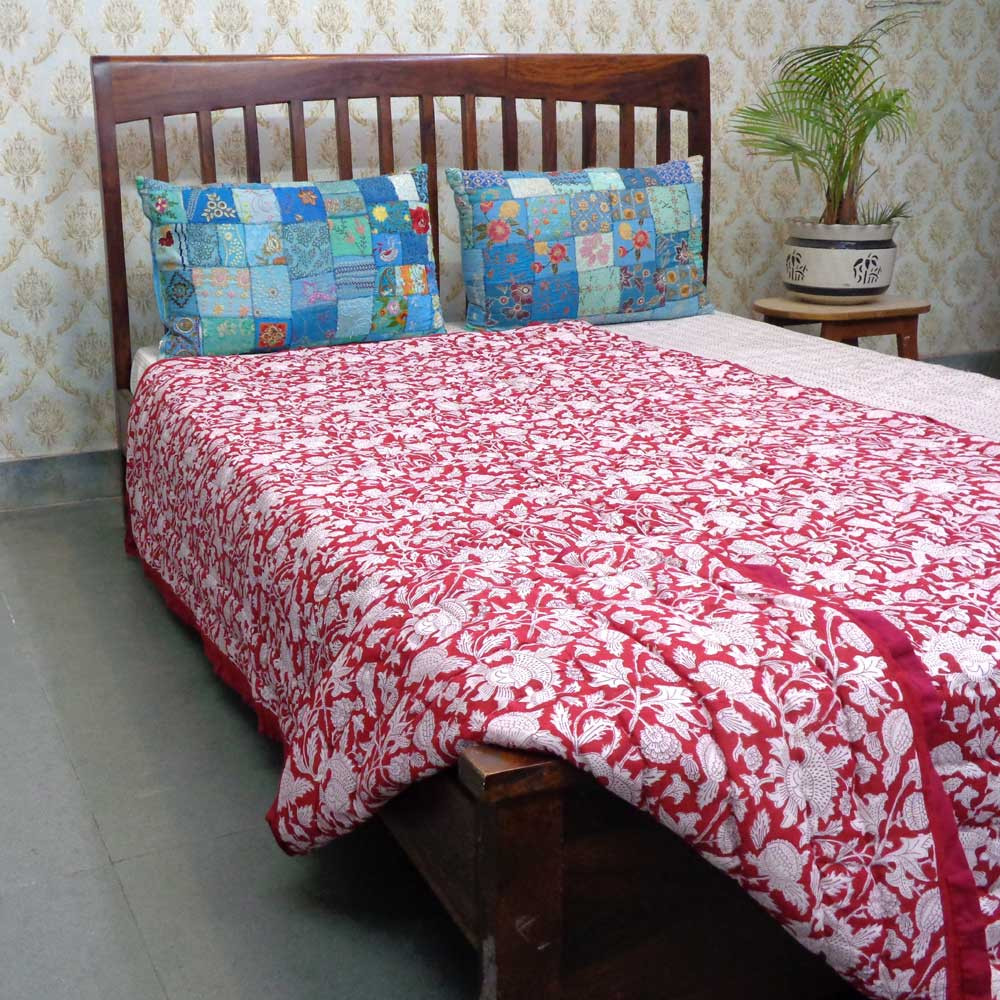 Handmade Block Printed Cotton Twin Size Quilt Amarnath Rococco Red 200196