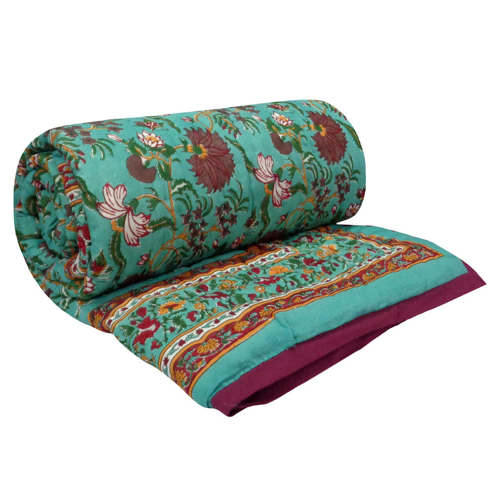 Image of Handmade Block Printed Cotton Twin Size Quilt | Flower Blossom Jade 108453