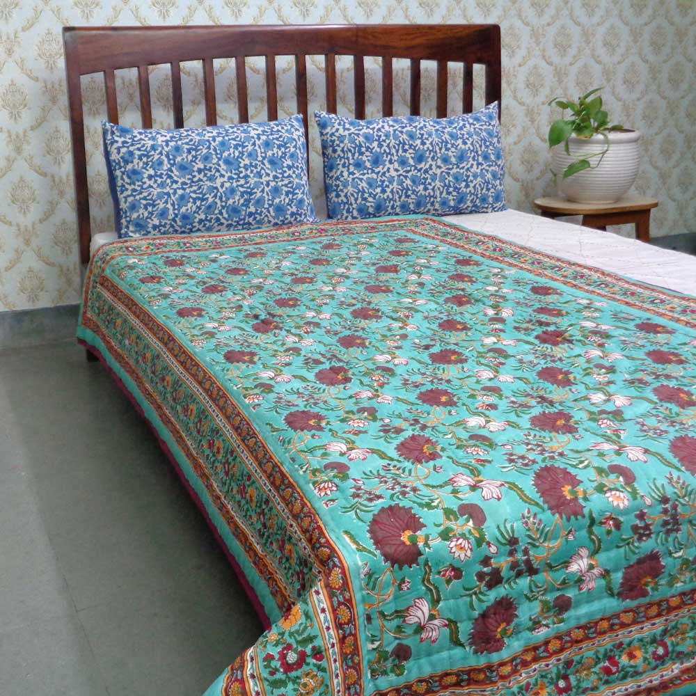 Handmade Block Printed Cotton Twin Size Quilt Flower Blossom Jade 108453