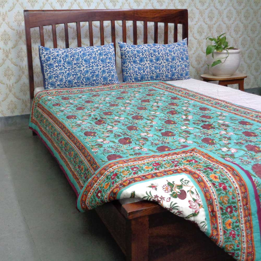 Handmade Block Printed Cotton Twin Size Quilt  Flower Blossom Jade 108453