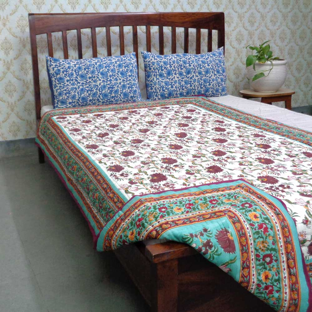 Handmade Block Printed Cotton Twin Size Quilt Flower Blossom Jade 108453