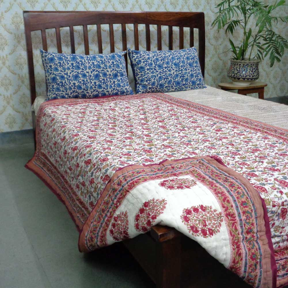 Handmade Block Printed Cotton Twin Size Quilt Genda Bale 105180