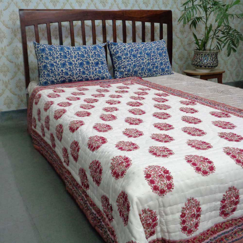 Handmade Block Printed Cotton Twin Size Quilt Genda Bale 105180