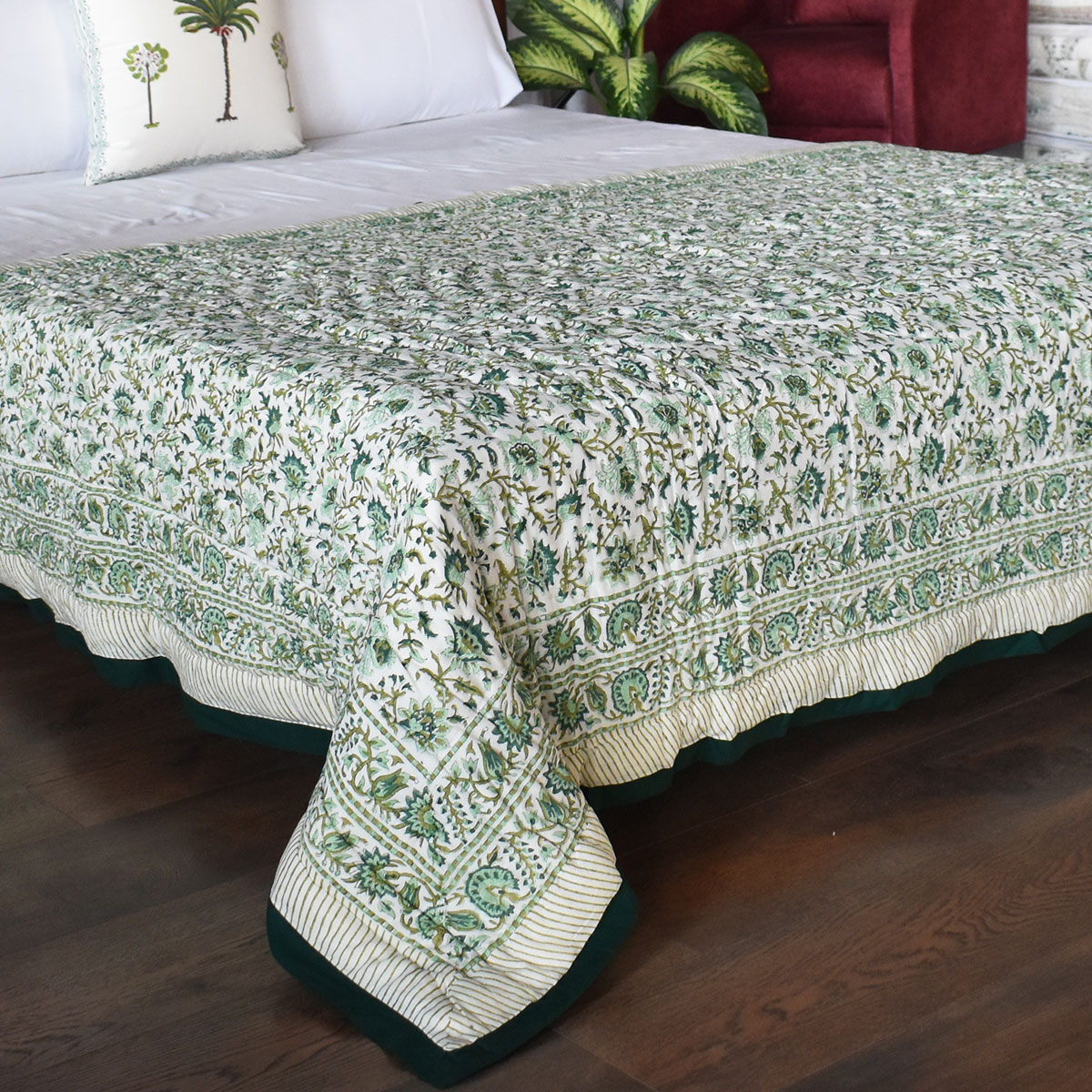 Hand Block Printed Cotton Twin Size Quilt  Hari Bagia Jaal 605170