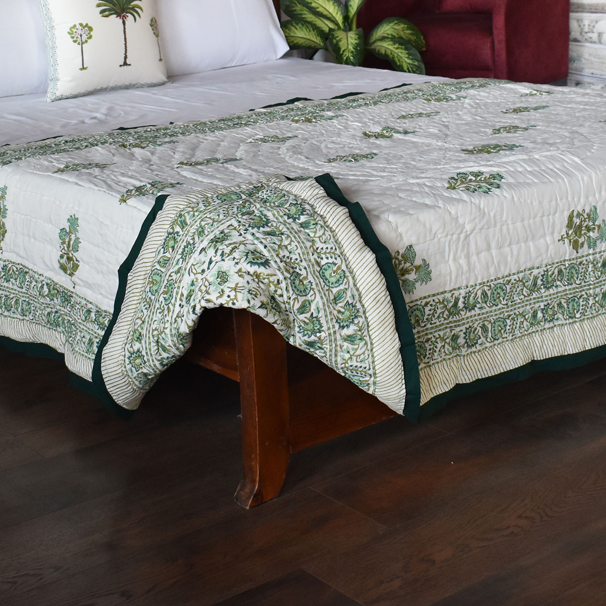 Hand Block Printed Cotton Twin Size Quilt  Hari Bagia Jaal 605170