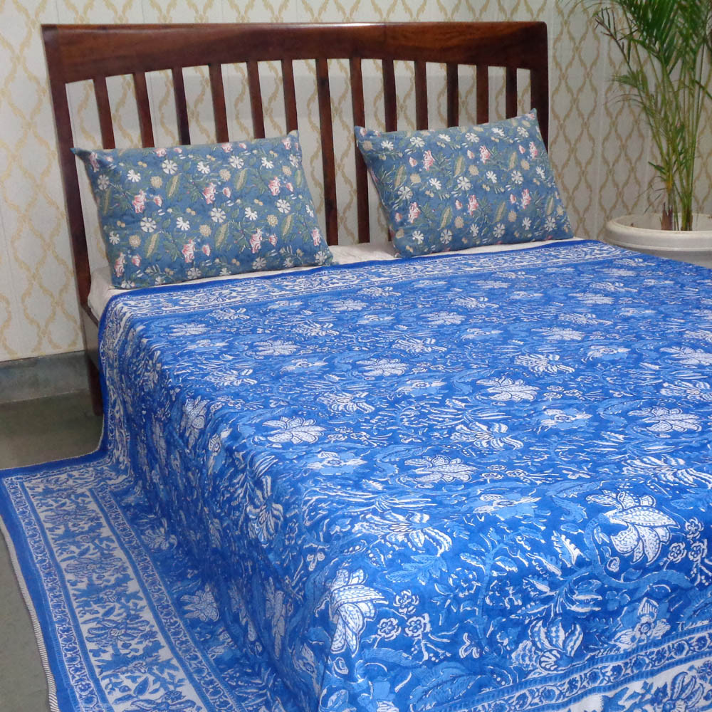 Image of Indian Hand Block Printed Cotton Dohar Queen Size | Anarkali Blue 501540