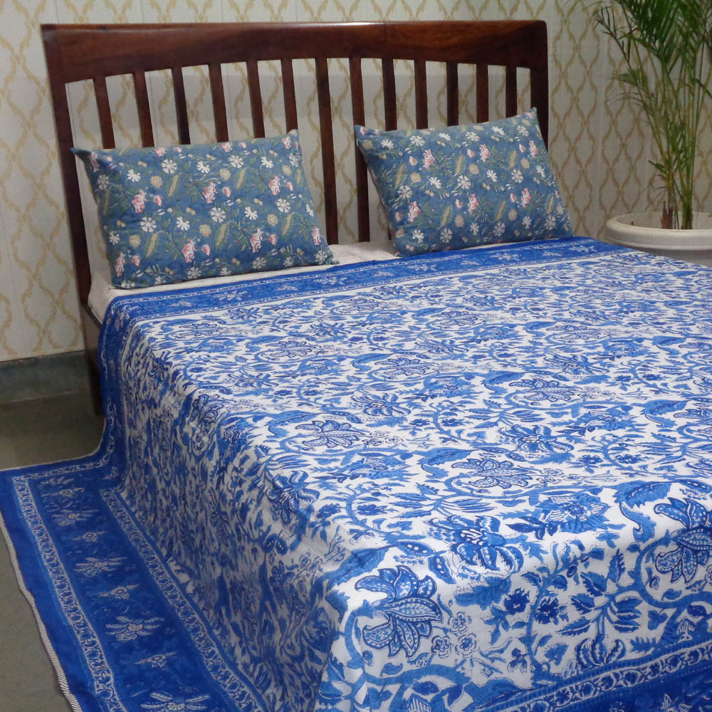 Indian Hand Block Printed Cotton Dohar Queen Size Anarkali Blue 501540