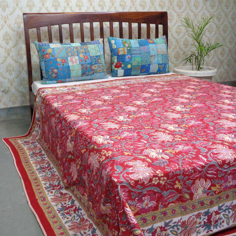 Image of Indian Hand Block Printed Cotton Dohar Queen Size | Anarkali Red 205559