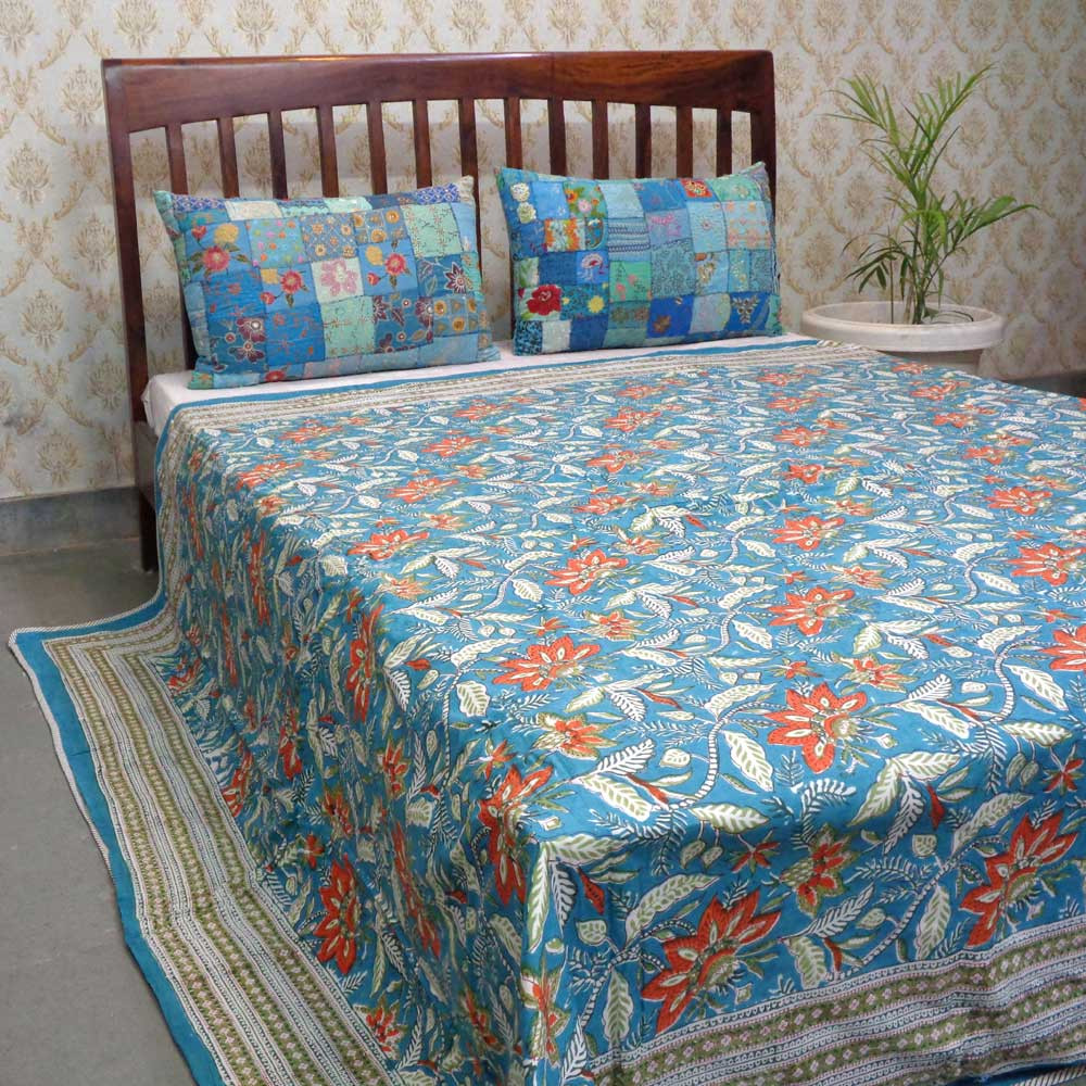 Indian Hand Block Printed Cotton Dohar Queen Size Bossanova Green Gud 393939