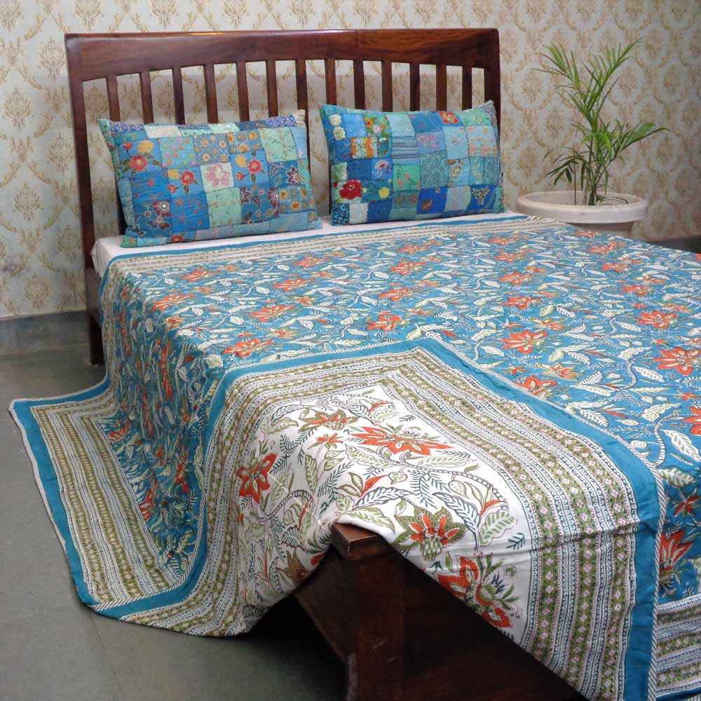 Indian Hand Block Printed Cotton Dohar Queen Size Bossanova Green Gud 393939