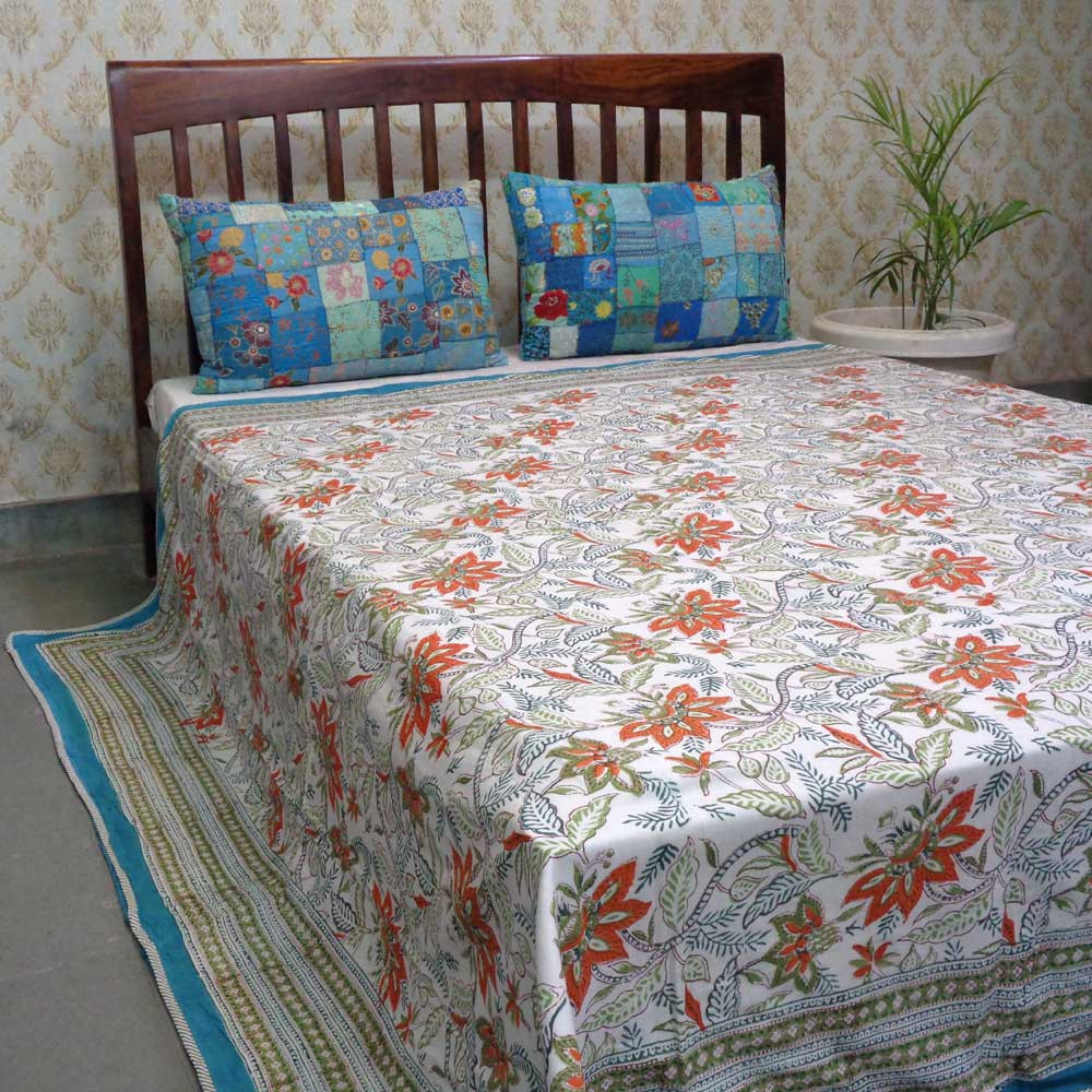 Indian Hand Block Printed Cotton Dohar Queen Size Bossanova Green Gud 393939