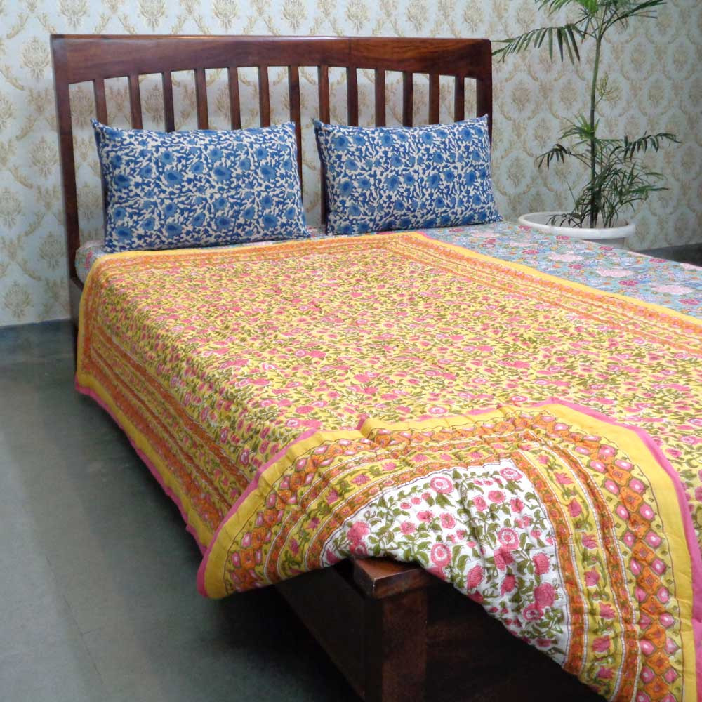 Indian Hand Block Printed Twin Size Quilt Bhare Pile Phool 102376