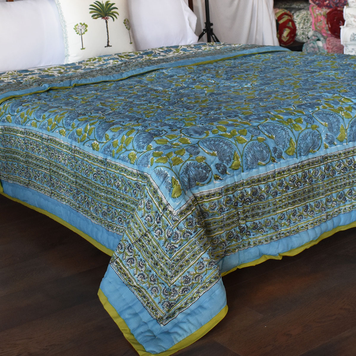Hand Block Printed Cotton Queen Size Quilt Kamal Aqua 205309