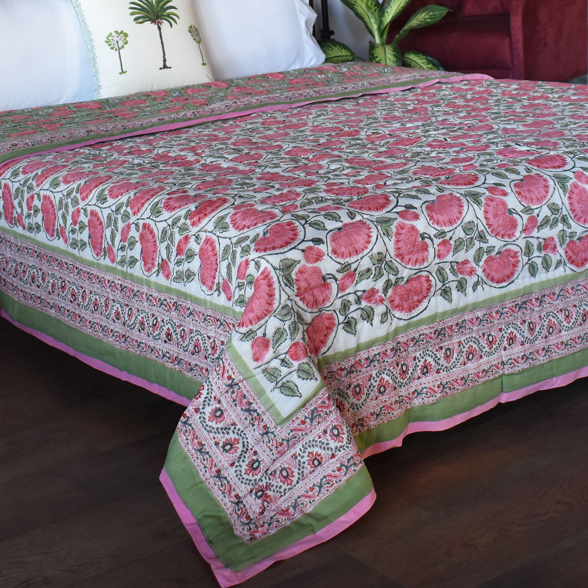 Hand Block Printed Cotton Medium Size Quilt Kamal Gulabi 00568