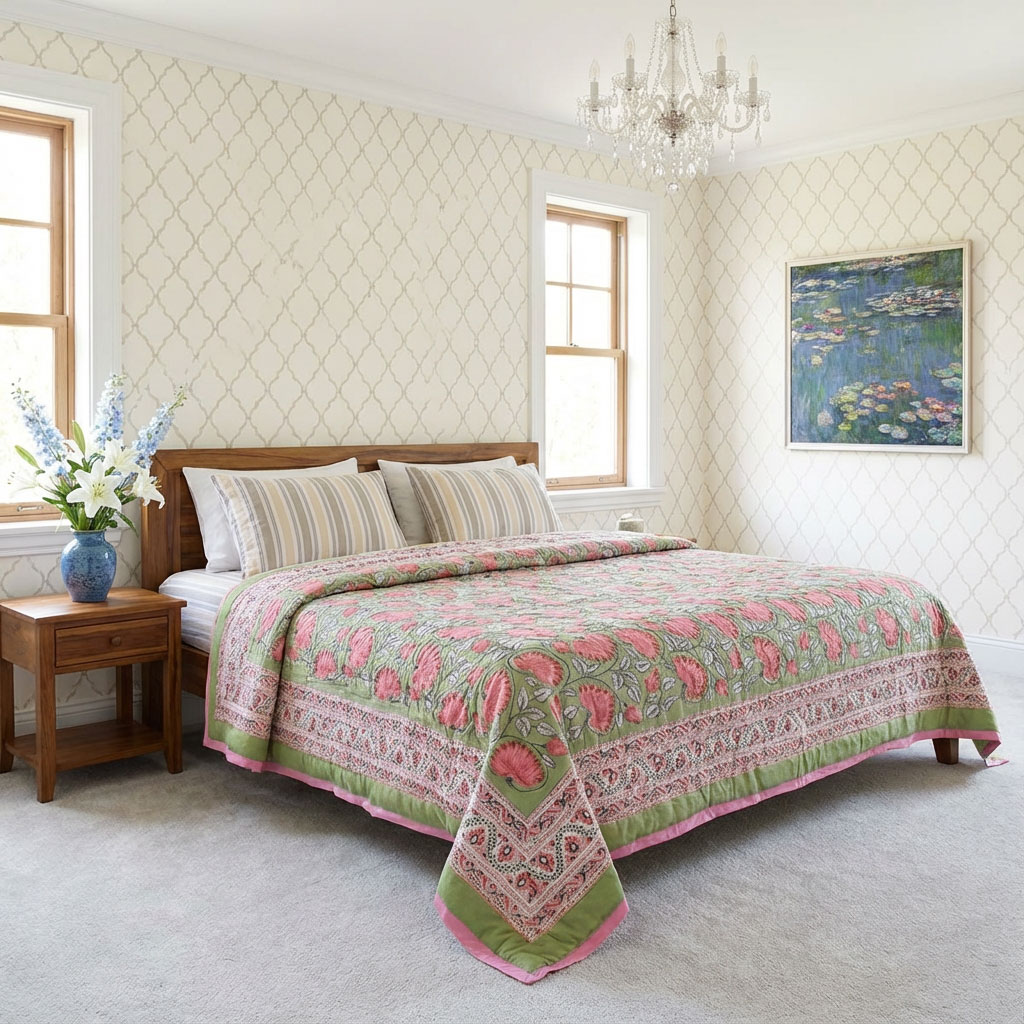 Hand Block Printed Cotton Twin Size Quilt Kamal Gulabi 101968