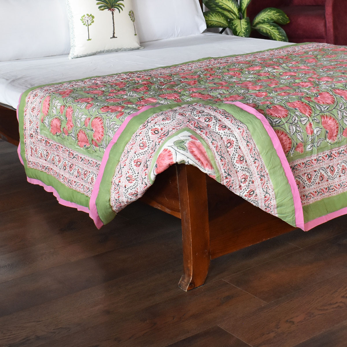 Hand Block Printed Cotton Twin Size Quilt Kamal Gulabi 101968