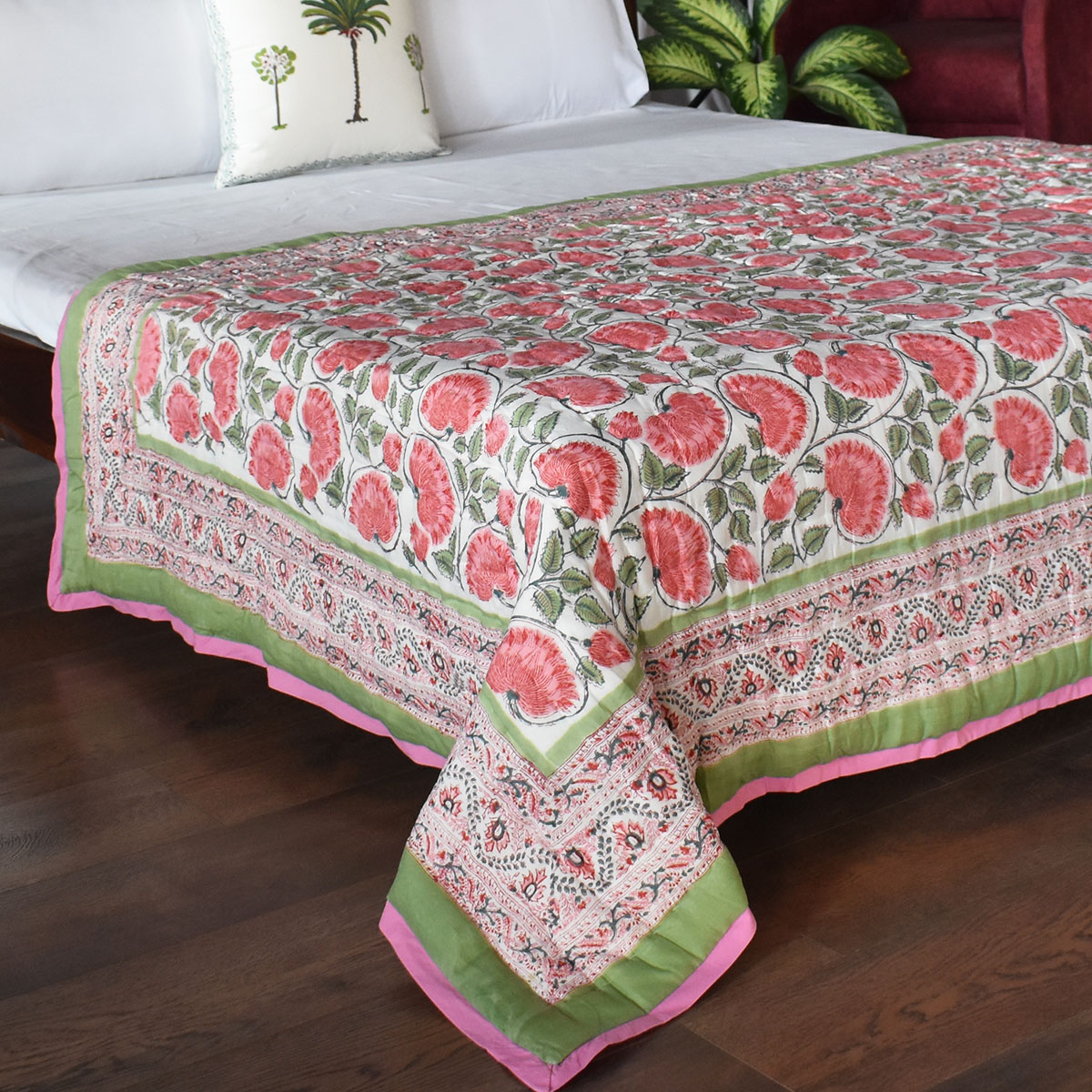 Hand Block Printed Cotton Twin Size Quilt Kamal Gulabi 101968