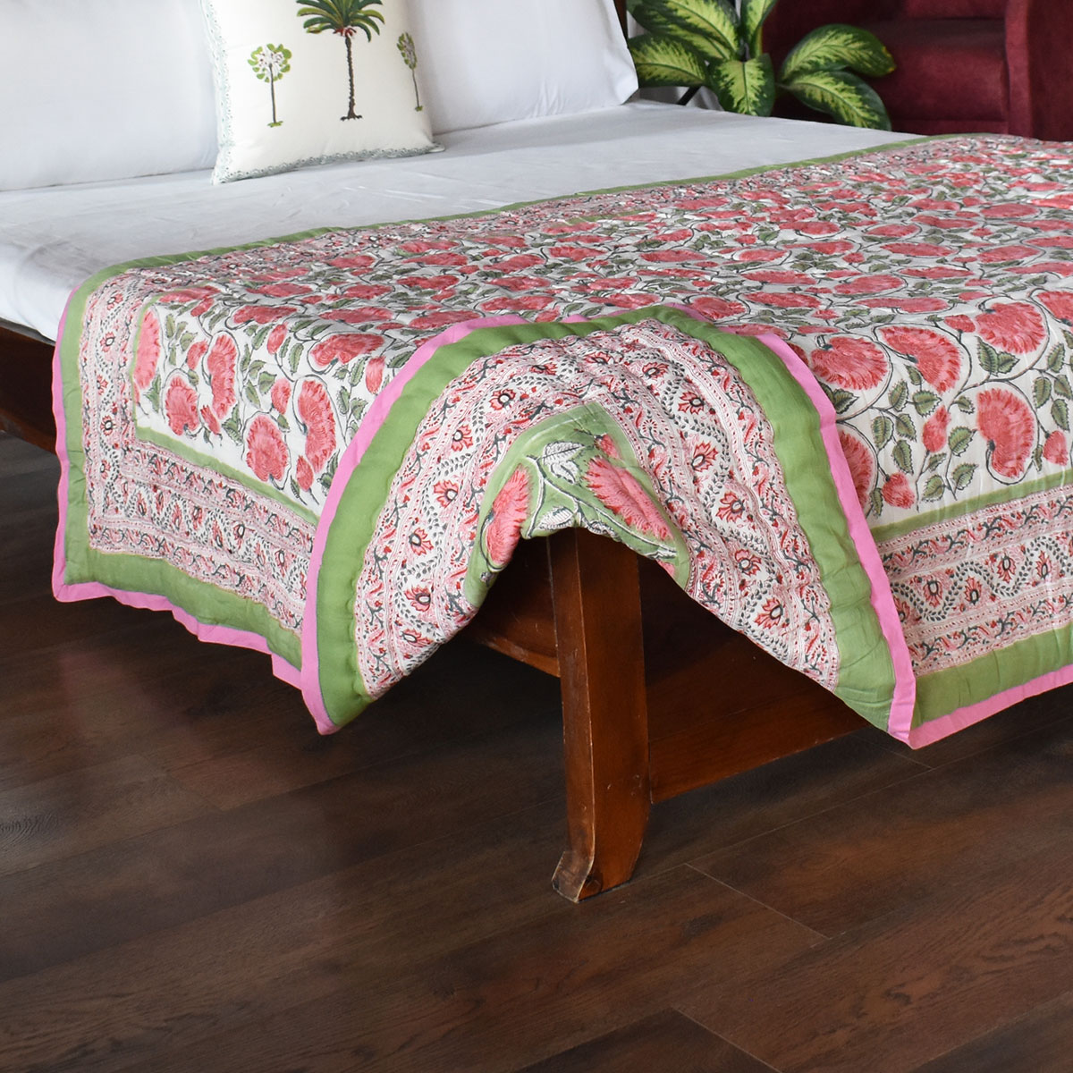 Hand Block Printed Cotton Twin Size Quilt Kamal Gulabi 101968