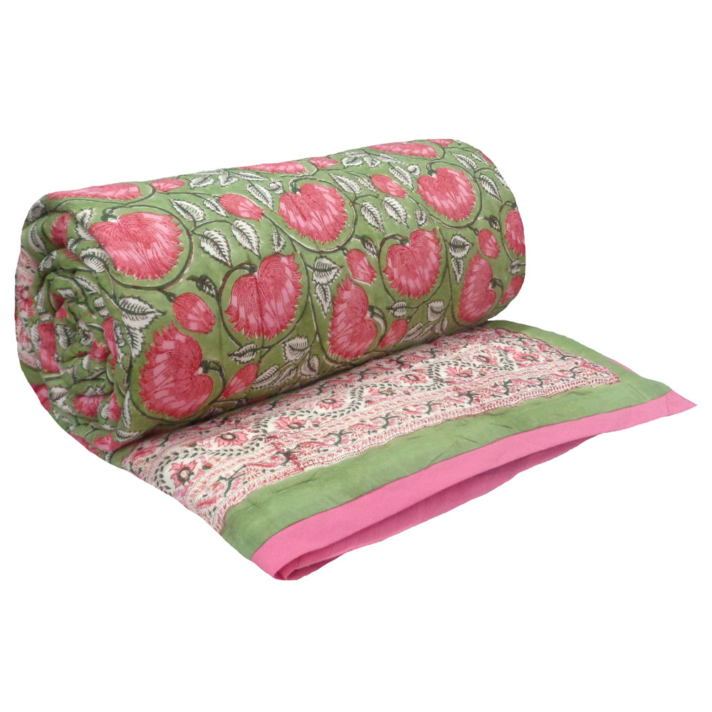 Hand Block Printed Cotton Medium Size Quilt Kamal Gulabi 00568