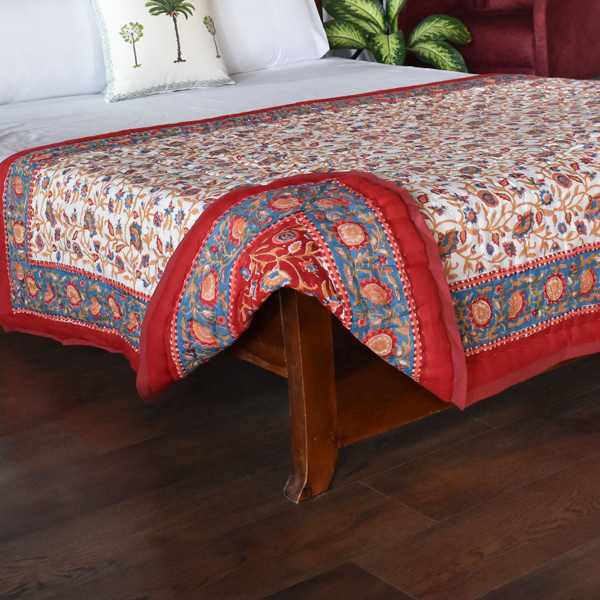 Hand Block Printed Cotton Twin Size Quilt Kashida Red 303581