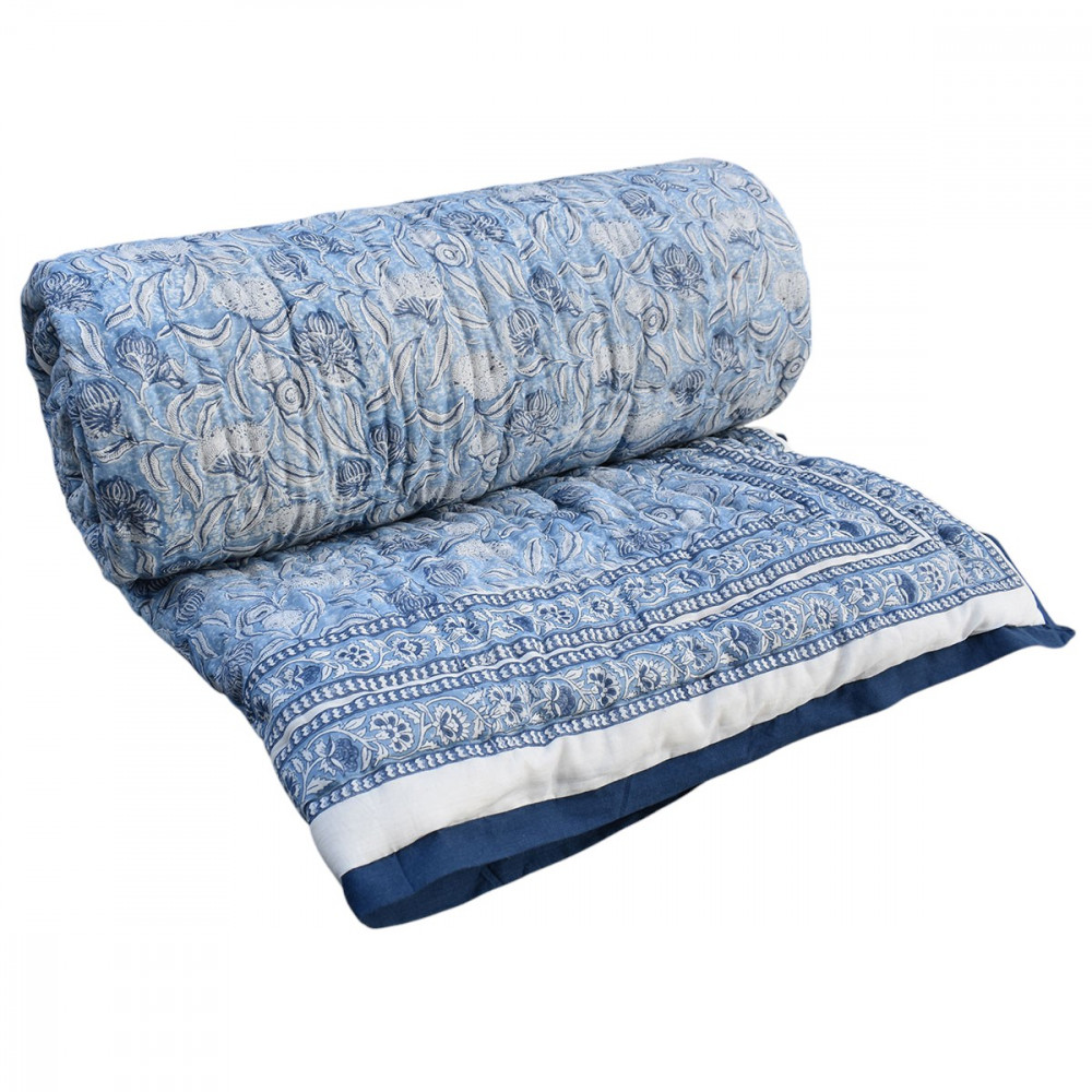 Image of Hand Block Printed Cotton King Size Quilt | Meadow Song Blue 202513