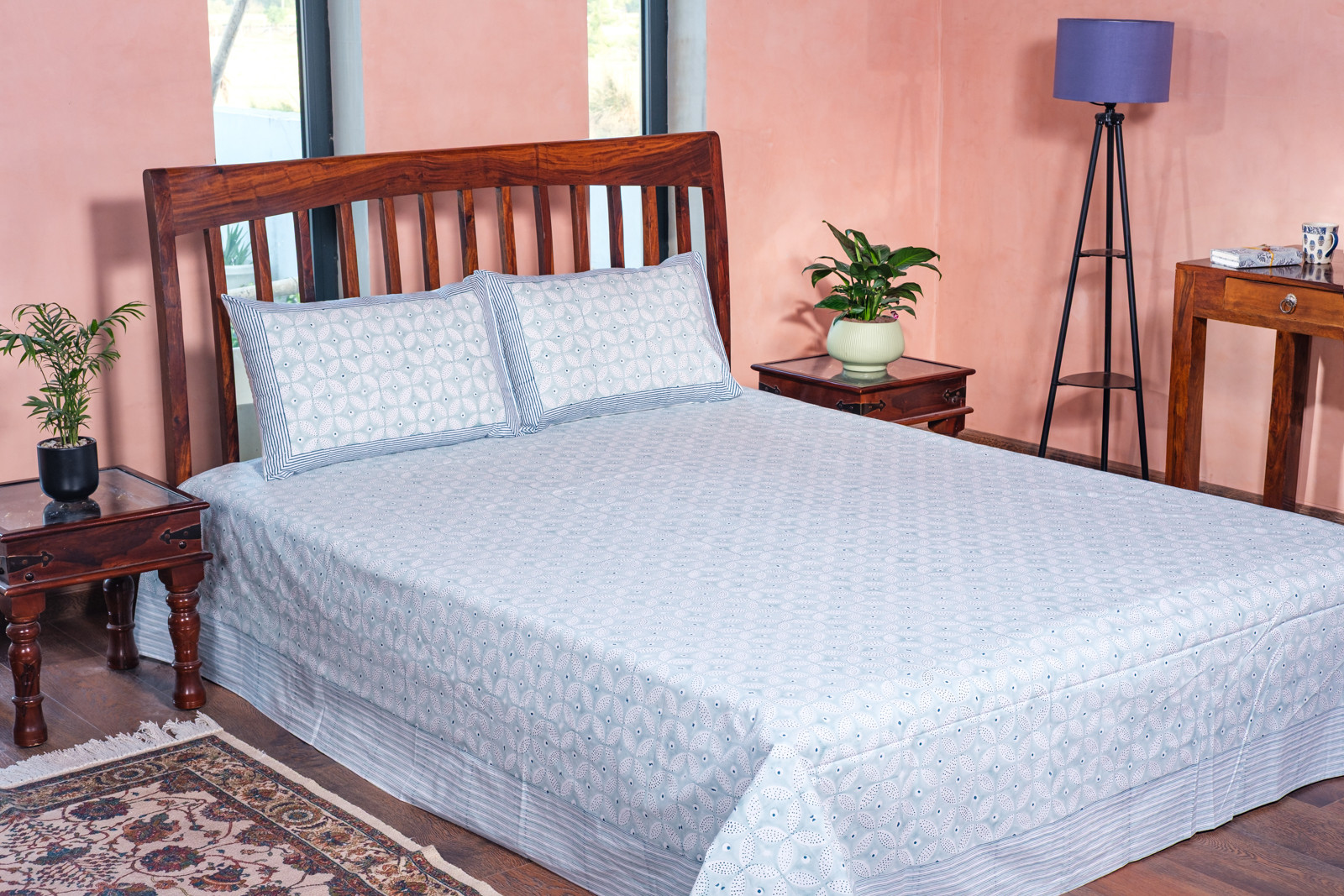 King Size Block Printed Percale Fine Cotton Bedspread with 2 Pillow Cases 100936