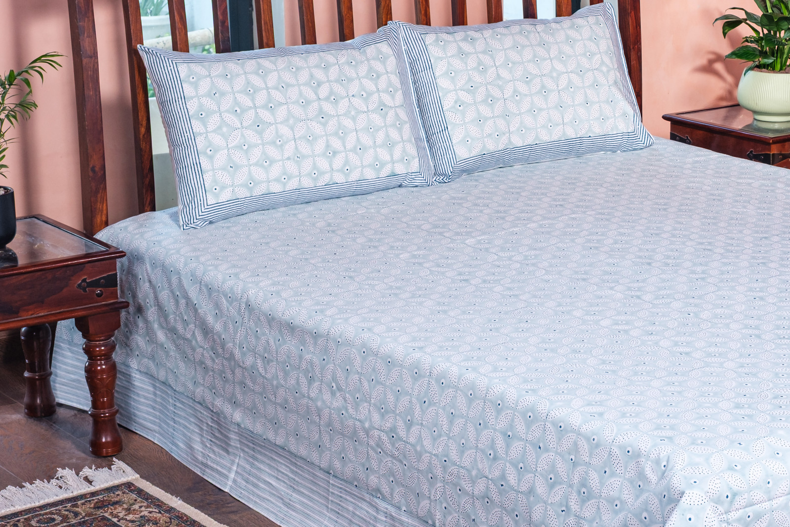 King Size Block Printed Percale Fine Cotton Bedspread with 2 Pillow Cases 100936